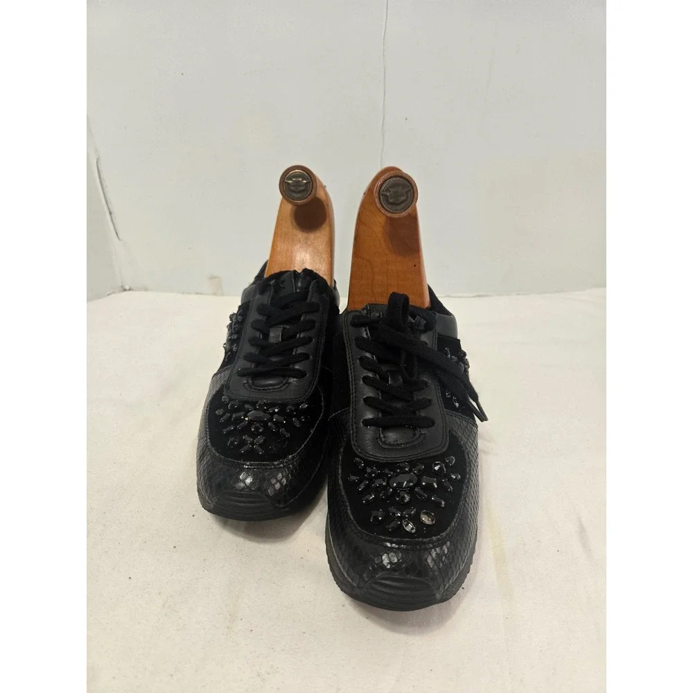 Michael Kors Black Crystal Embellished Snakeskin Leather Sneakers 8M HL16F